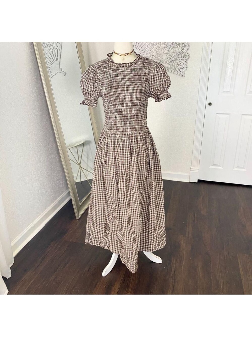 RIHOAS Brown Gingham Smocked Midi Dress - Picture 3 of 4